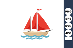 Sailing boat with bright red sails floating on blue water wa Product Image 1
