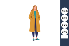 Woman in long mustard coat standing with hands in pockets we Product Image 1