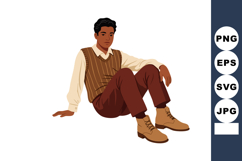 Young man sitting relaxed wearing brown pants and beige swea Product Image 1