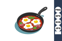 Fried eggs cooking in tomato sauce with basil and onion in b Product Image 1