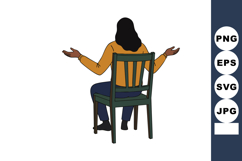 Woman sitting on chair with arms open in questioning or expl Product Image 1