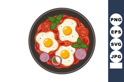 Fried eggs with tomato sauce and onion rings served in black Product Image 1