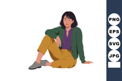 Woman sitting casually wearing green jacket purple shirt and Product Image 1