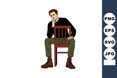 Young man sitting backwards on wooden chair thinking deeply Product Image 1