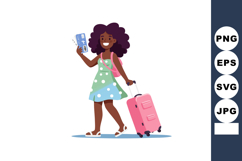 Woman holding airplane tickets and pulling pink suitcase wal Product Image 1