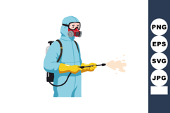 Person in blue hazmat suit spraying disinfectant with yellow Product Image 1