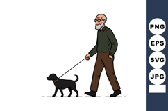Elderly man walking black dog on leash casual outdoor activi Product Image 1