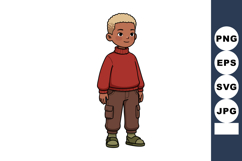 Boy standing wearing red sweater brown pants and green shoes Product Image 1