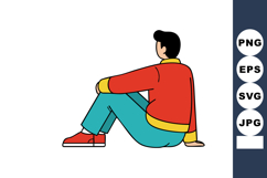 Young man sitting relaxed wearing red sweater and blue pants Product Image 1