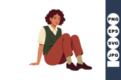 Young woman sitting on floor wearing green vest and brown pa Product Image 1