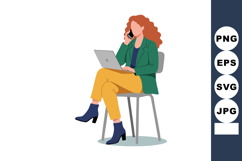 Woman with red curly hair using laptop and talking on phone Product Image 1
