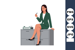 Businesswoman in green suit sitting on filing cabinet with p Product Image 1