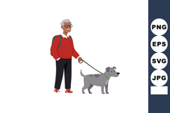 Elderly man walking dog with leash outdoor casual attire gla Product Image 1