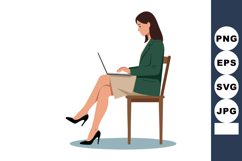 Businesswoman sitting on chair working on laptop wearing gre Product Image 1