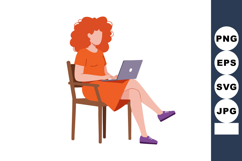 Woman with curly red hair sitting on wooden chair working on Product Image 1