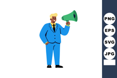 Businessman in blue suit holding green megaphone for communi Product Image 1