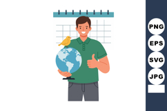 Man holding globe with bird on shoulder and calendar backgro Product Image 1