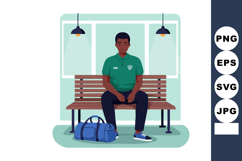 Young man sitting on bench waiting with duffel bag in modern Product Image 1