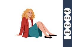Woman sitting casually wearing red jacket teal skirt and bla Product Image 1