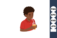 Boy drinking orange juice from glass with straw casual red s Product Image 1