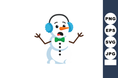 Snowman wearing blue earmuffs and green bow tie with surpris Product Image 1