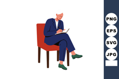 Businesswoman in navy suit sitting on red chair writing in n Product Image 1