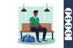 Young man sitting on bench with sports bag in locker room ca Product Image 1