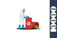Man in protective hazmat suit handling red toxic waste barre Product Image 1