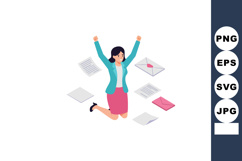 Woman celebrating success with arms raised and flying envelo Product Image 1