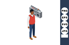 Man carrying vintage boombox on shoulder wearing casual red Product Image 1