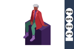 Stylish elderly person with gray hair wearing red coat sitti Product Image 1