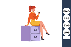 Woman Sitting on Purple Filing Cabinet Holding Pen Wearing O Product Image 1