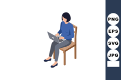 Woman working on laptop computer sitting on wooden chair cas Product Image 1