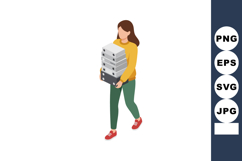 Woman carrying stack of folders walking in casual clothing w Product Image 1