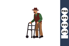 Elderly man with walker and cane wearing hat and vest vector Product Image 1