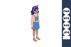 Young girl wearing blue dress and purple headband standing w Product Image 1