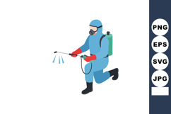 Protective suit worker spraying disinfectant with backpack s Product Image 1