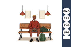 Young man sitting on wooden bench wearing red sweater and sh Product Image 1