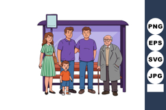 Family group standing at bus stop purple shelter waiting for Product Image 1