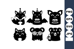 Cute black silhouette animal faces with party hats and acces Product Image 1