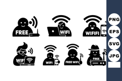 Free wifi icons set with laptop and router signals for inter Product Image 1