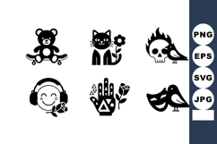 Black and white vector icons of teddy bear skateboard cat fl Product Image 1