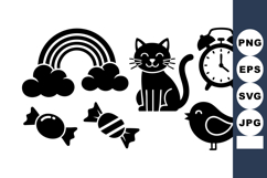 Cute black silhouette icons of cat, bird, alarm clock, rainb Product Image 1