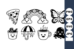 Cute black and white cartoon food and nature icons with happ Product Image 1
