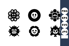 Set of six black simple happy and sad flower faces vector ic Product Image 1