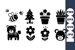 Cute black and white vector icons of bee tree flower bear an Product Image 1
