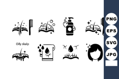 Oily skin vector icons with cleansing, comb, shampoo, moistu Product Image 1
