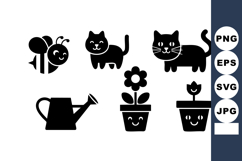 Cute cartoon bee cat flower watering can vector set with smi Product Image 1