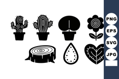 Black silhouette cactus and flower icons with plant elements Product Image 1