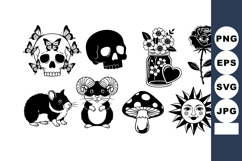 Collection of black silhouette skulls, animals, flowers, and Product Image 1